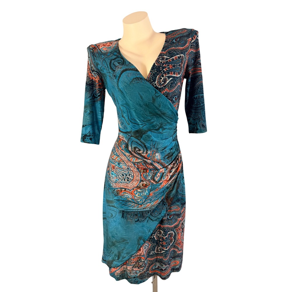 Janine Boho Retro Paisley Faux Wrap Sheath Dress Teal Blue Orange Size M